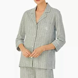 Lauren Ralph Lauren 3/4 Sleeve Cotton Notch Collar Pajama Top Size Small Gray